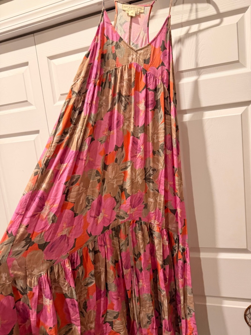 saltwater LUXE Pink Floral Maxi Dress with Orange & Brown Accents